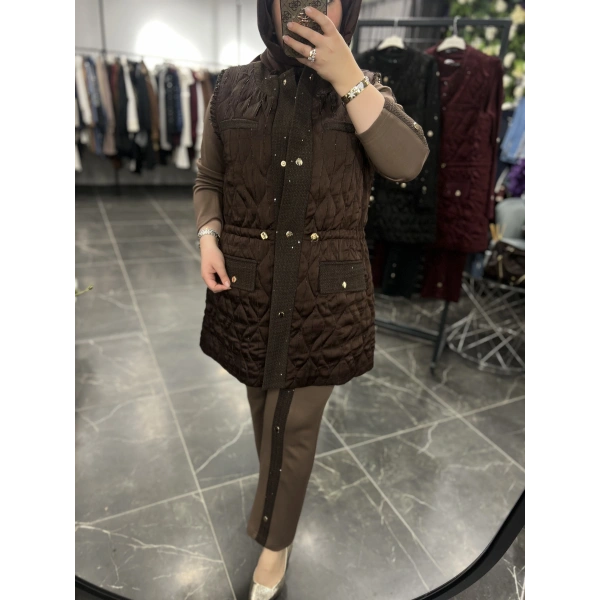 Pureva Pul Tüvitli Kapitoneli Yelekli Üçlü Takım