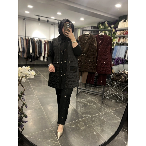 Pureva Pul Tüvitli Kapitoneli Yelekli Üçlü Takım