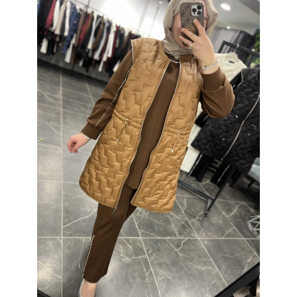 PUREVA Sıra Taşlı Yelekli Üçlü Takım