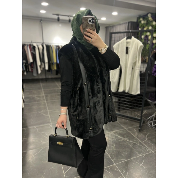 Solis Deri Detay Angora Yelek