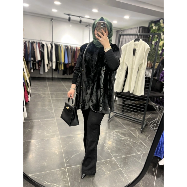 Solis Deri Detay Angora Yelek