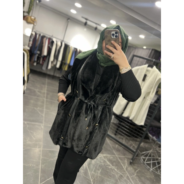 Solis Deri Detay Angora Yelek