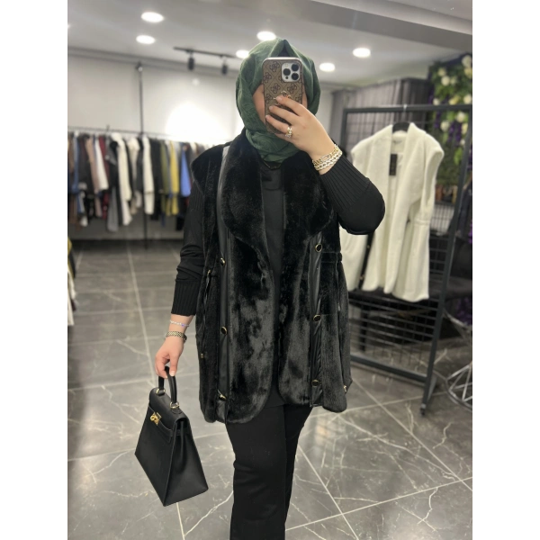 Solis Deri Detay Angora Yelek