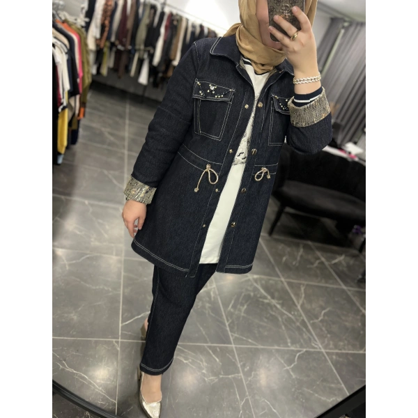 SOLİS Taşlı Fermuarlı Üçlü Kot Takım