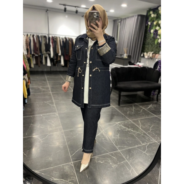 SOLİS Taşlı Fermuarlı Üçlü Kot Takım