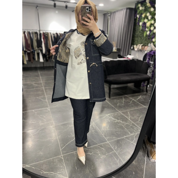 SOLİS Taşlı Fermuarlı Üçlü Kot Takım