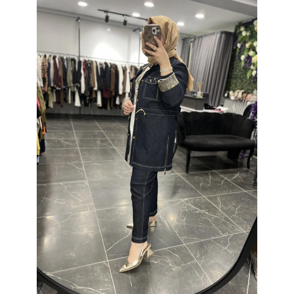 SOLİS Taşlı Fermuarlı Üçlü Kot Takım