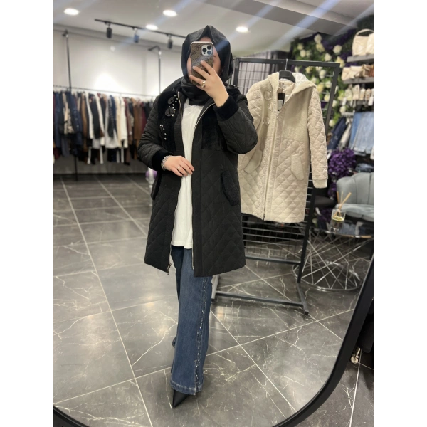 SOLİS Yaprak Taşlı Angora Kapitone Kaban