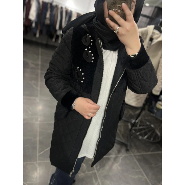 SOLİS Yaprak Taşlı Angora Kapitone Kaban