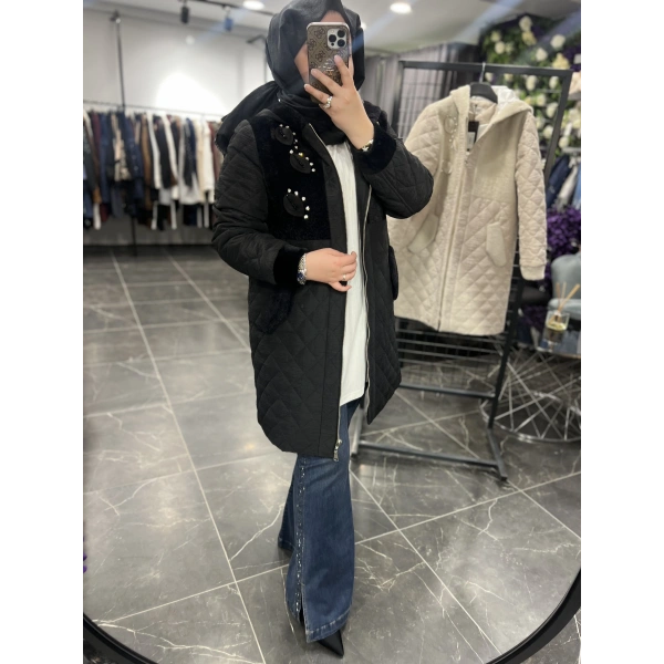 SOLİS Yaprak Taşlı Angora Kapitone Kaban