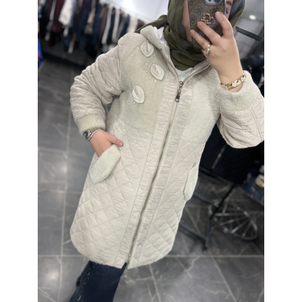 SOLİS Yaprak Taşlı Angora Kapitone Kaban