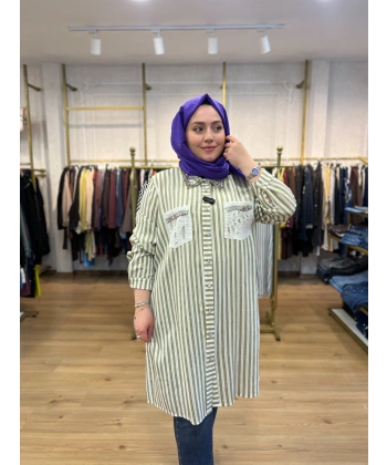 MEVA PLUS BY PUREVA Çizgili Taşlı Gömlek