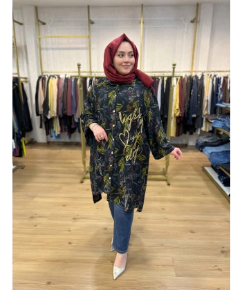 İTHAL BÜYÜK BEDEN Gold Zımba ve Yazılı Pamuk Gömlek