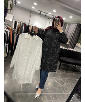 MEVA BY PUREVA Dalga Taşlı Büyük Beden Pamuk Gömlek