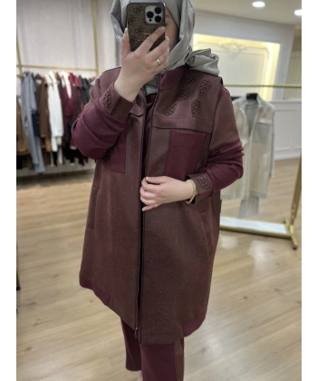 MEVA BY PUREVA YAPRAKLI NUBUK&TRİKO YELEKLİ ÜÇLÜ TAKIM