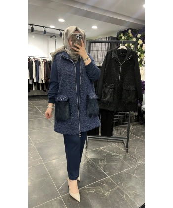 Pureva Cep Kürklü İşlemeli Yelekli Üçlü Takım