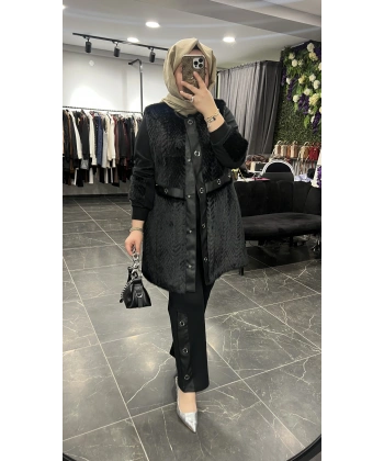 Pureva Deri ve Kuşgözü Detaylı Angora Üçlü Yelek Takım