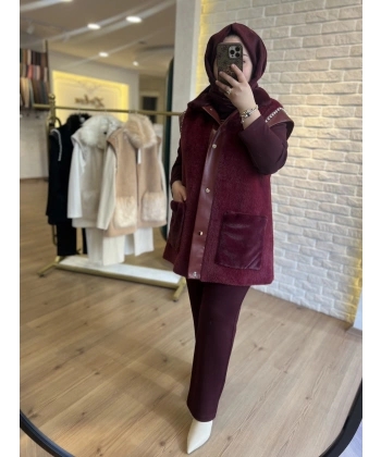 Pureva İncili Deri Detaylı Angora Yelekli Üçlü Takım