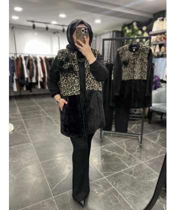PUREVA Leopar Kürk Broşlu Yelekli Üçlü Takım