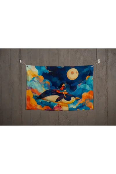 Hayal Gücüyle Örülmüş Çocukluk Duvar Halısı, Kaliteli Kumaş Duvar Örtüsü, Penguen İle Uçmak, Çocukluk Hayalleri Serisi