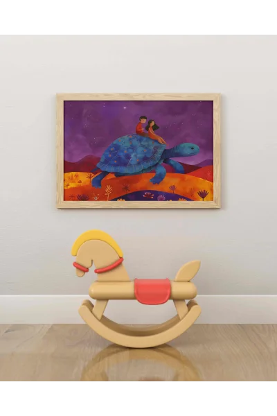 Mavi Kaplumbağa ile Yolculuk Duvar Posteri | A2, A3, A4 Boyutlarında Çerçeveli ve Çerçevesiz Duvar Tablosu Seçenekleri, Çocukluk Hayalleri Koleksiyonu