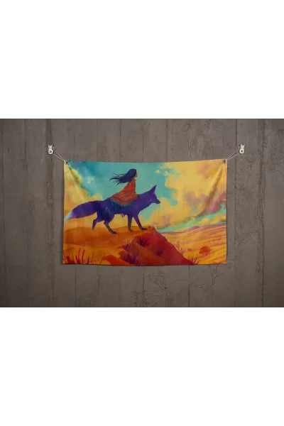 Modern ve Renkli Çocukluk Hayali Duvar Halısı, Kaliteli Kumaş Duvar Örtüsü, Kurt Dostum, Çocukluk Hayalleri Serisi