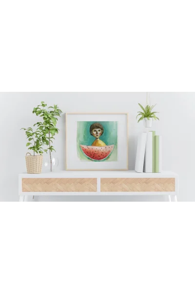 Karpuz Zamanı; Çocukluğun Tadı Duvar Tablosu | A2, A3, A4 Boyutlarında Çerçeveli ve Çerçevesiz Seçenekler, Çocukluk Hikayeleri Koleksiyonu