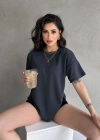 Füme Modal Oval Kesim Kısa Kollu Tişört
