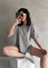 Gri Modal Oval Kesim Kısa Kollu Tişört