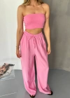 Pembe Tensel Kumaş Palazzo Kadın Pantolon