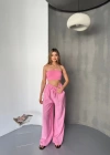 Pembe Tensel Kumaş Palazzo Kadın Pantolon