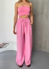 Pembe Tensel Kumaş Palazzo Kadın Pantolon