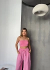 Pembe Tensel Kumaş Palazzo Kadın Pantolon