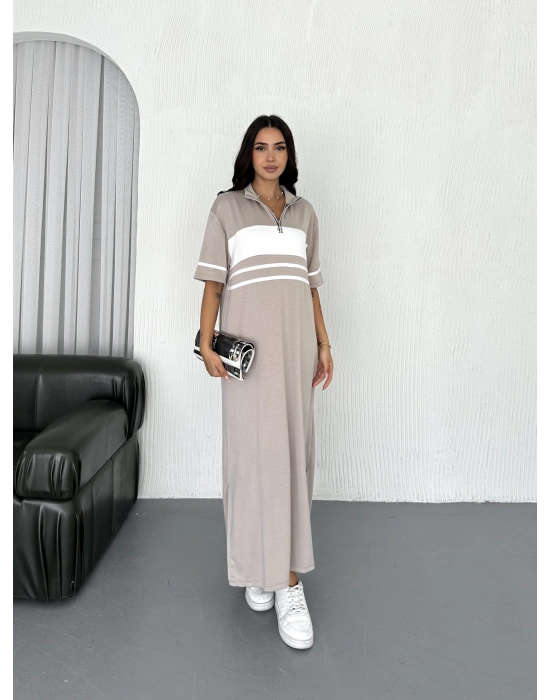 Bej Garnili Fermuarlı Modal Elbise