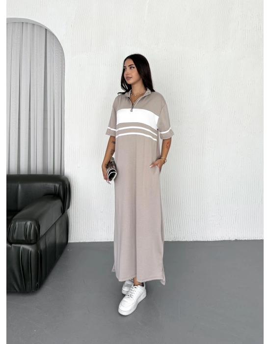 Bej Garnili Fermuarlı Modal Elbise