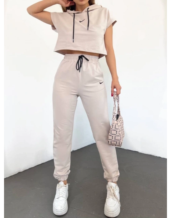 Bej Lastikli Paça Kompak Eşofman