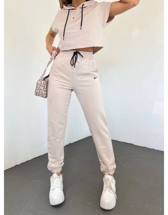 Bej Lastikli Paça Kompak Eşofman