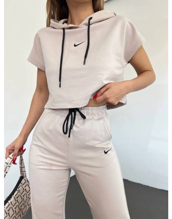 Bej Lastikli Paça Kompak Eşofman