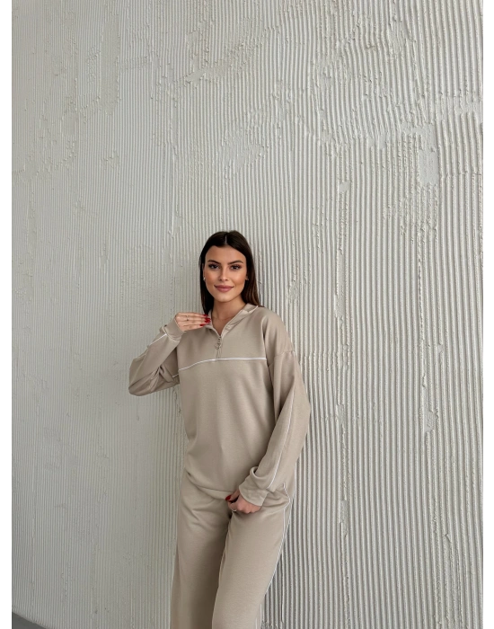 Bej Modal Ara Biyeli Yarım Fermuarlı Takım