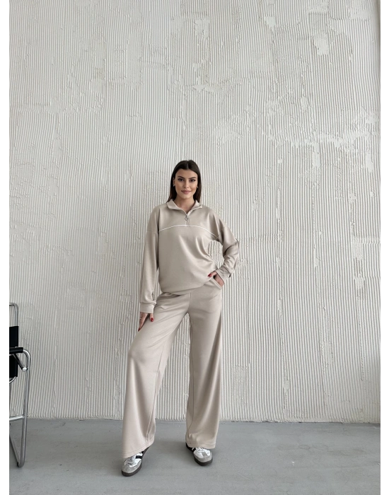 Bej Modal Ara Biyeli Yarım Fermuarlı Takım