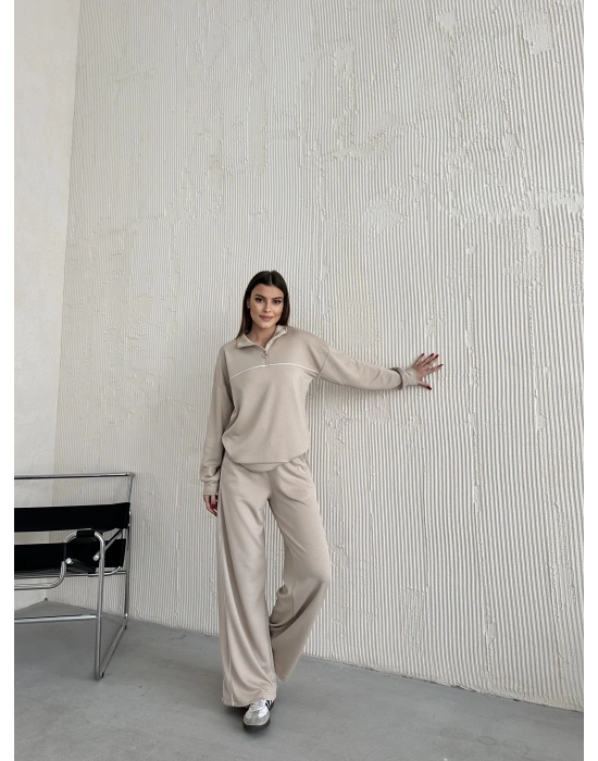 Bej Modal Ara Biyeli Yarım Fermuarlı Takım