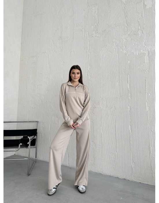 Bej Modal Ara Biyeli Yarım Fermuarlı Takım