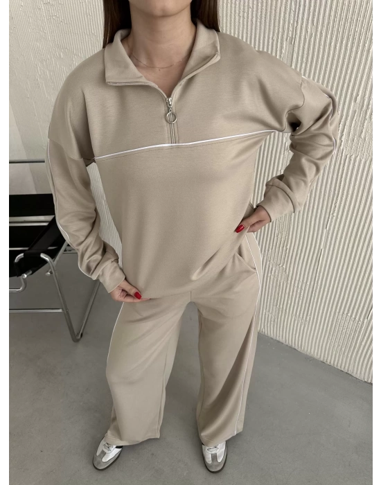 Bej Modal Ara Biyeli Yarım Fermuarlı Takım