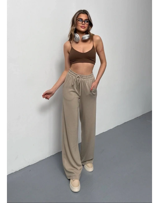 Bej Modal Kumaş Bol Paça Pantolon