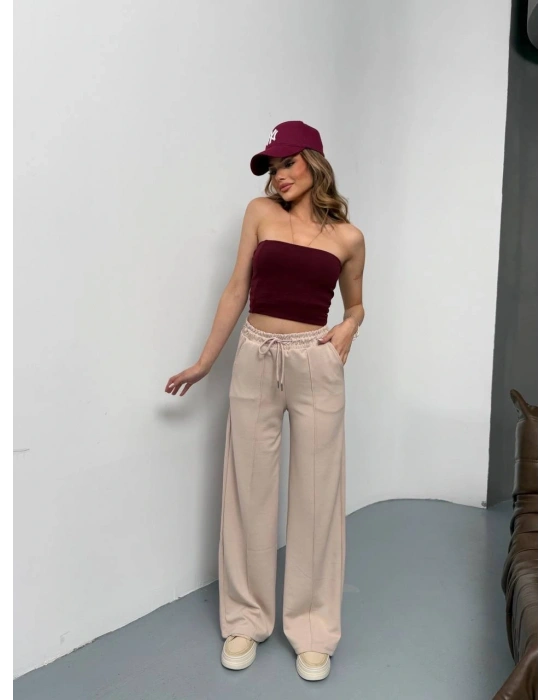 Bej Modal Kumaş Çımalı Palazzo Pantolon