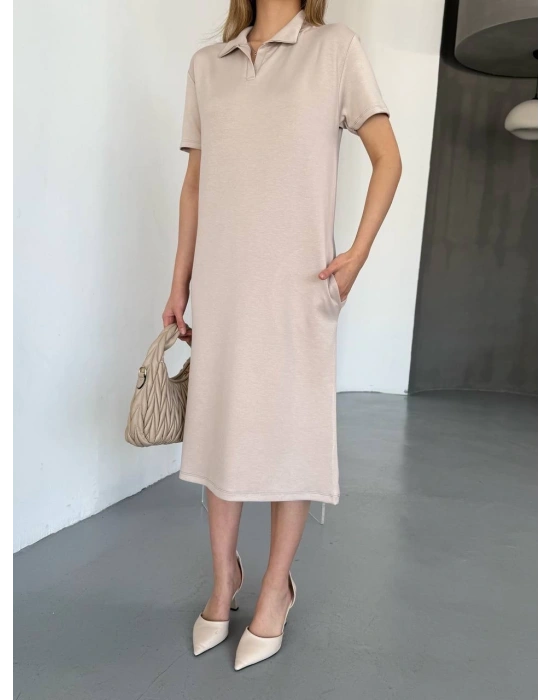 Bej Polo Yaka Modal Kadın Elbise