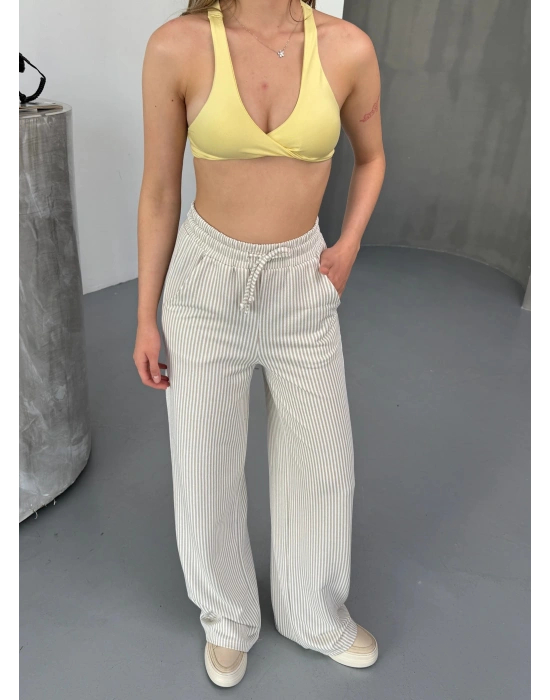 Bej Su Yolu Çizgili Kumaş Pantolon