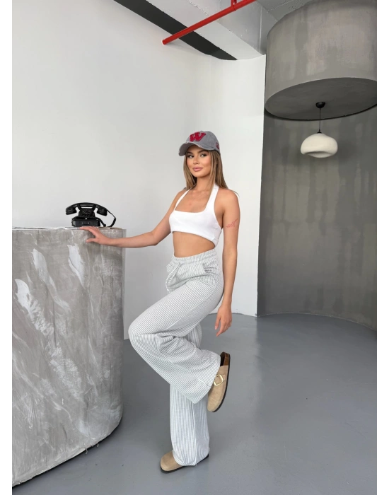 Bej Su Yolu Çizgili Kumaş Pantolon