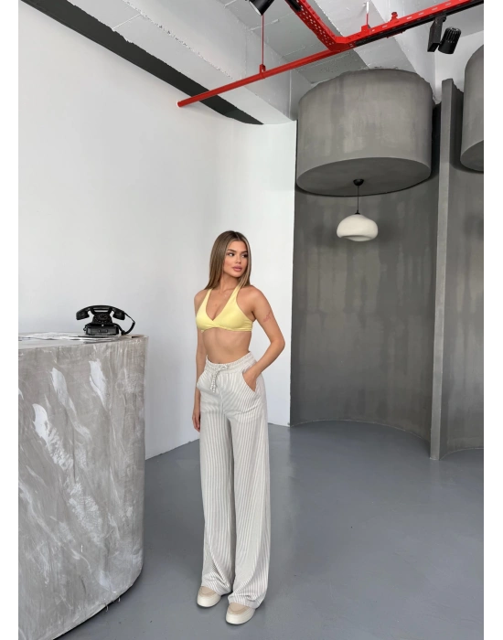 Bej Su Yolu Çizgili Kumaş Pantolon