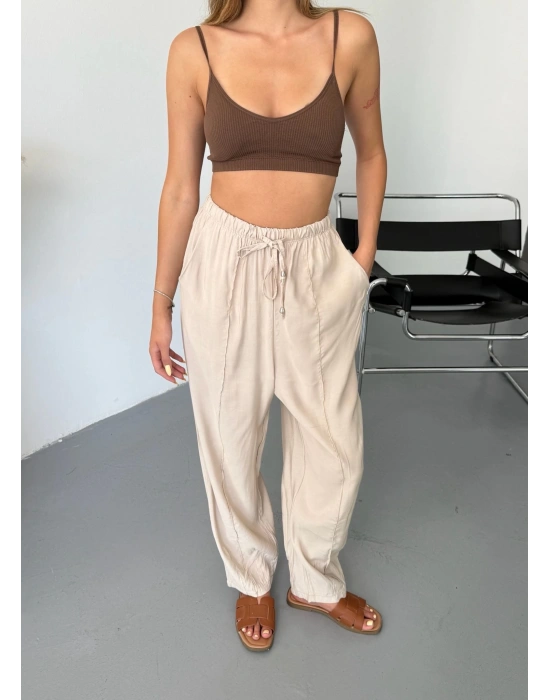 Bej Tensel Havuç Model Çımalı Kadın Pantolon